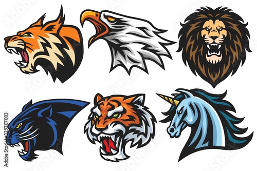 Wild Animals Heads Logo Mascot Set. Lion, Tiger, Jaguar, Lynx, Eagle, Unicorn - Vector Mascot Logo Design Pack