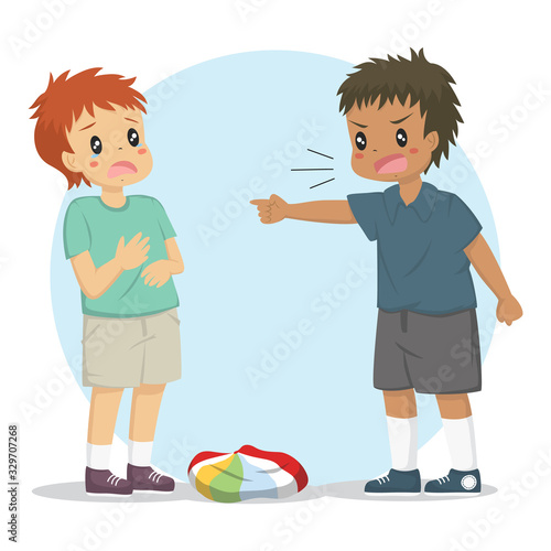 a boy pointing and accusing his friend for deflating the ball. Kids fighting character vector.
