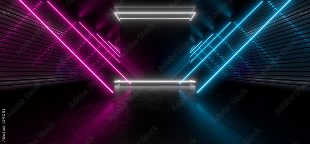 Dark hall with bright colored neon lights on a black background. 3d rendering image. Dark hall with bright colored neon lights on a black background. 3d rendering image.