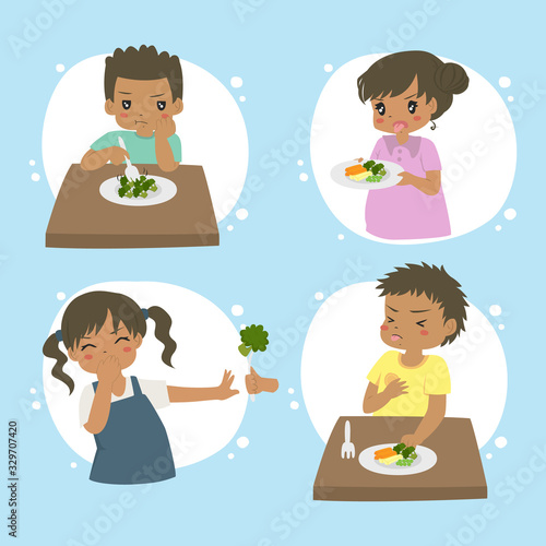 Set of African American kids refuse to eat vegetables. Children hate vegetables, character vector set.