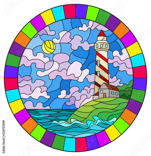 Illustration in stained glass style with seascape, lighthouse  on a background of sea and Sunny sky, oval image in bright frame