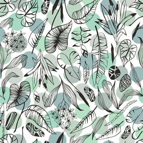 Tropical trendy seamless pattern with exotic palm leaves.