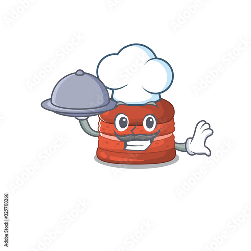 Cherry macaron as a chef cartoon character with food on tray