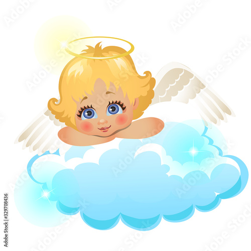 Animated cute little angel lying on a cloud isolated on white background. Vector cartoon close-up illustration.