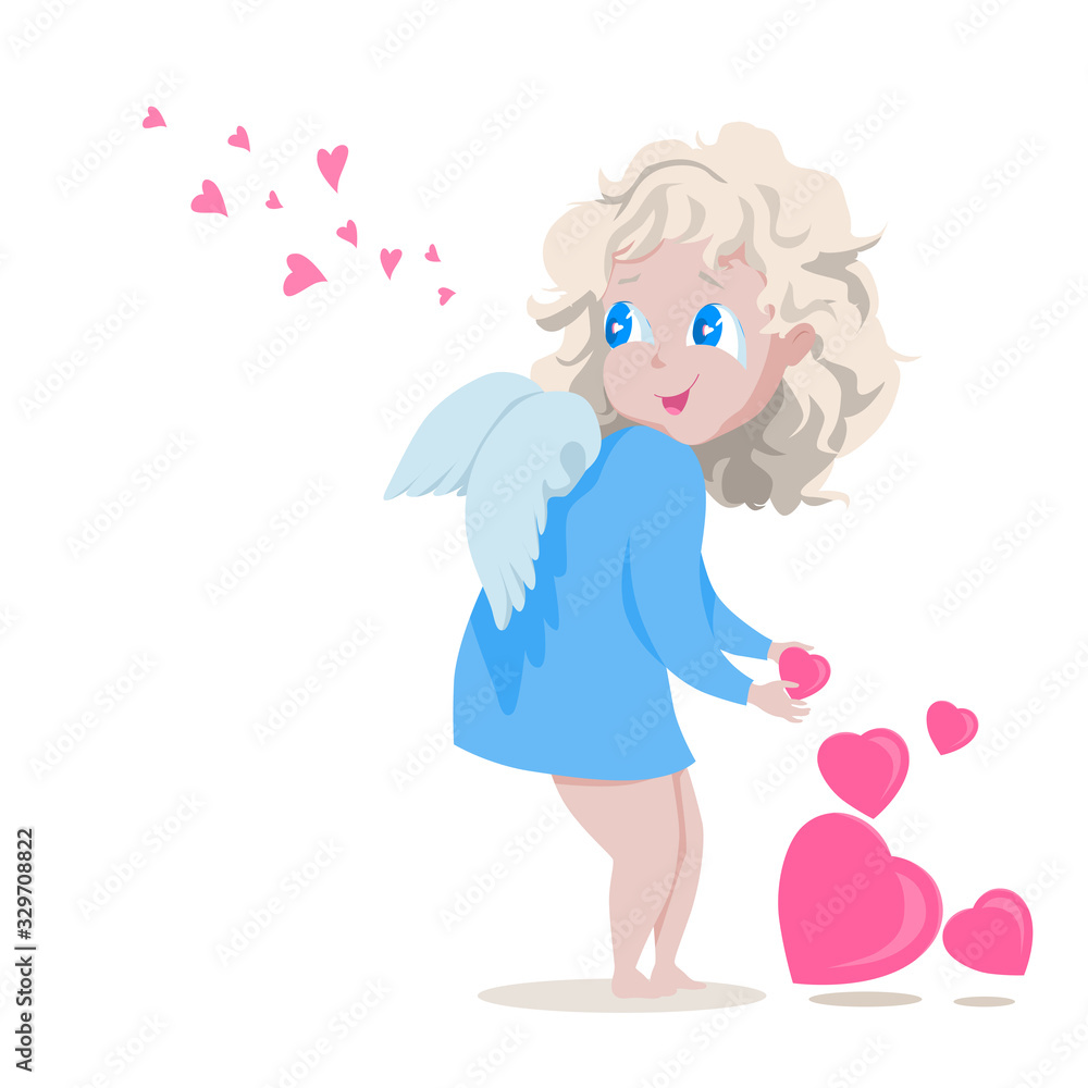 Little cute angel gives pink hearts. Cartoon character flat design. Little cute angel gives pink hearts. Cartoon character flat design.