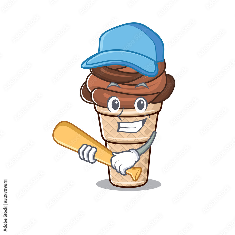 Mascot design style of chocolate ice cream with baseball stick