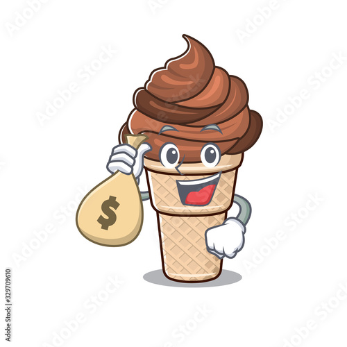 Smiley rich chocolate ice cream cartoon character bring money bags