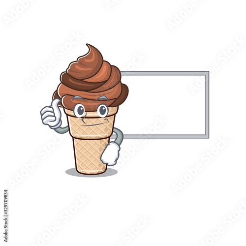 cute chocolate ice cream cartoon character Thumbs up bring a white board