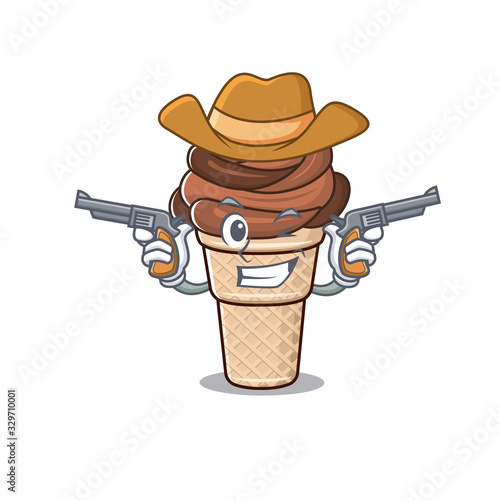 Funny chocolate ice cream as a cowboy cartoon character holding guns