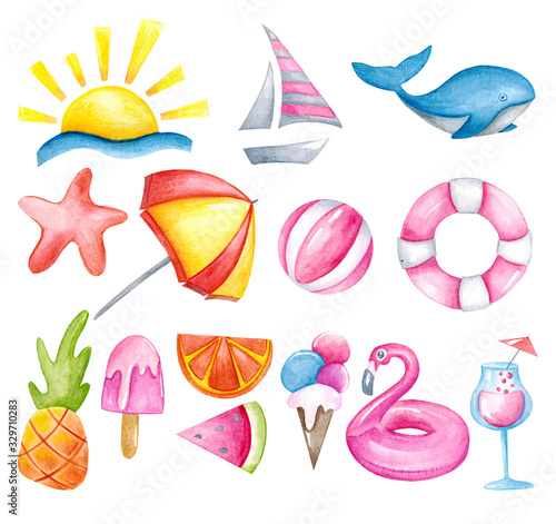 Things about summer stuffs colorful watercolor painting set on white background. Starfish, whale, juice, ice cream, inflatable flamingo, lifebuoy, beach ball, pineapple, sun, boat on white isolated.