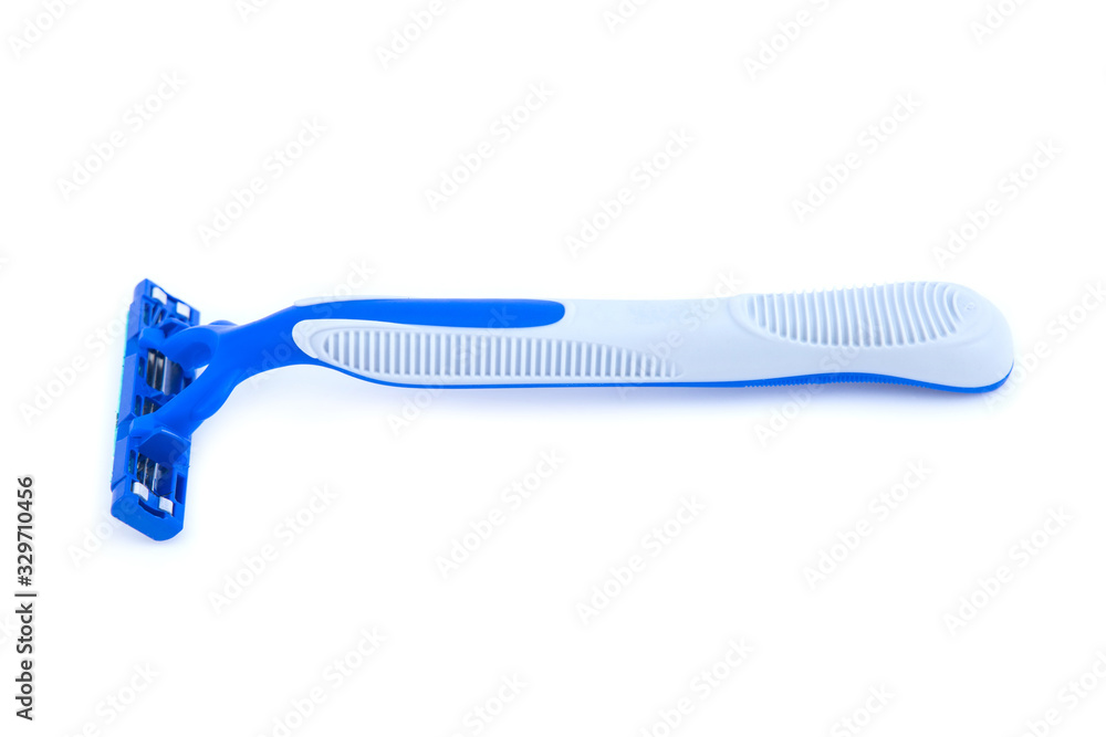 The razor is blue-gray, placed isolated on a white background. The razor is blue-gray, placed isolated on a white background.