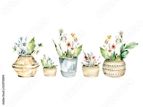 Hand drawing watercolor spring set of baskets and bucket with flowers. illustration isolated on white