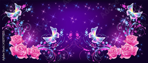 Flying fantasy butterflies with roses and sparkle stars
