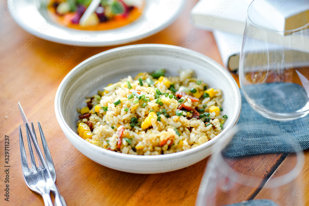 Modern style fried rice served in small portions. Suitable for light lunches. Modern style fried rice served in small portions. Suitable for light lunches.