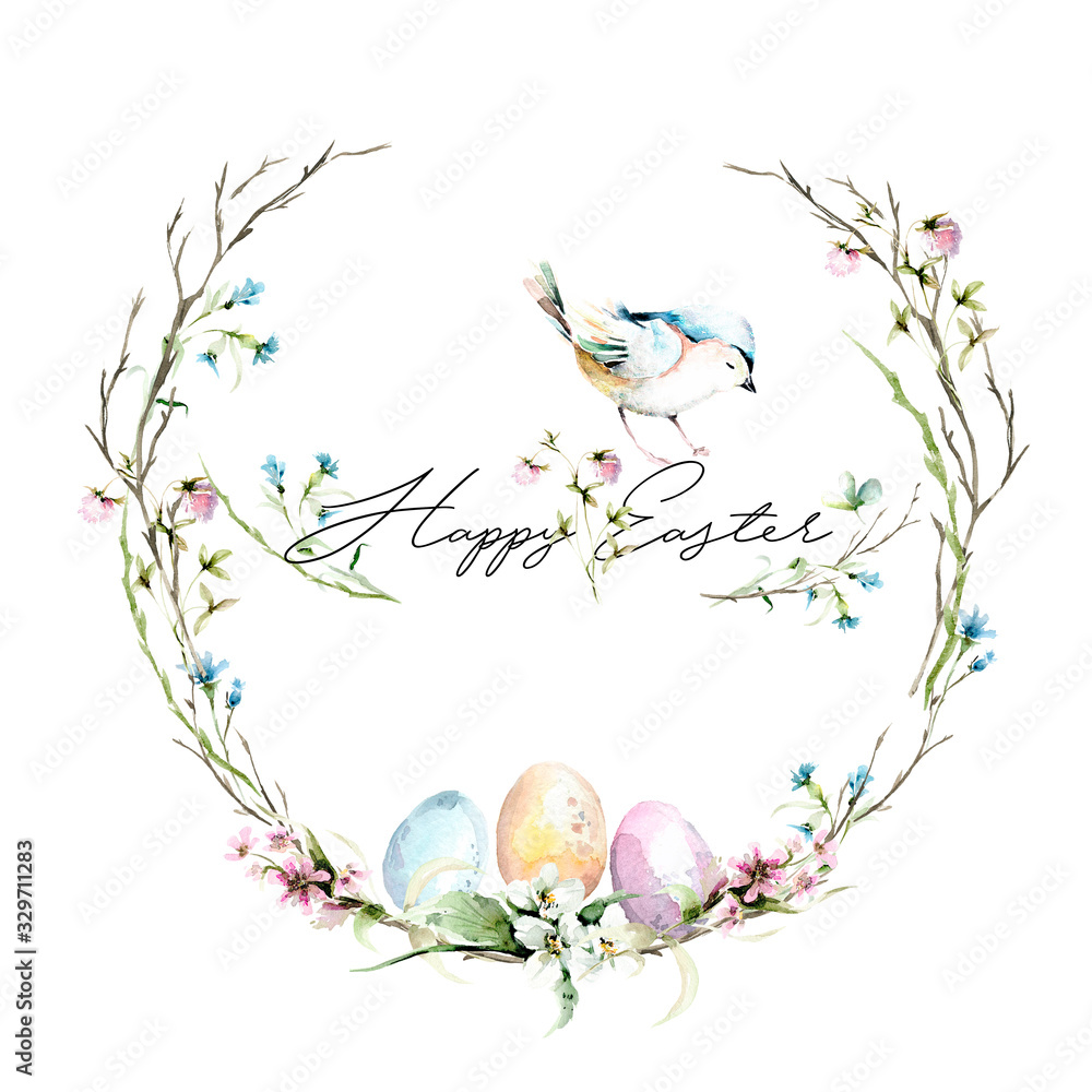 Hand drawing watercolor spring Easter set with wreath, wild flowers, bird and branches. illustration isolated on white