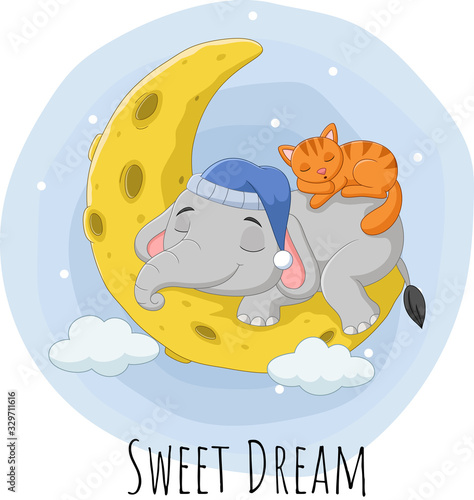 Cartoon elephant and cat sleeping on the moon