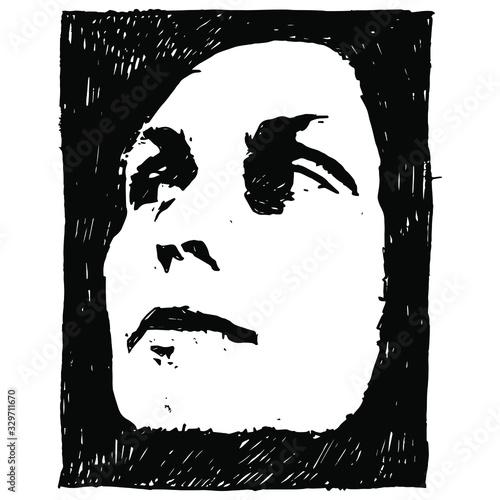 Face of a beautiful young woman. High contrast female portrait. Black and white silhouette. Hand drawn rough sketch Isolated vector illustration. 