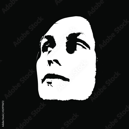 Face of a beautiful young woman. High contrast female portrait. Black and white silhouette. Isolated vector illustration. 