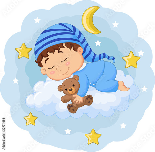 Cartoon baby sleeping with teddy bear on the clouds