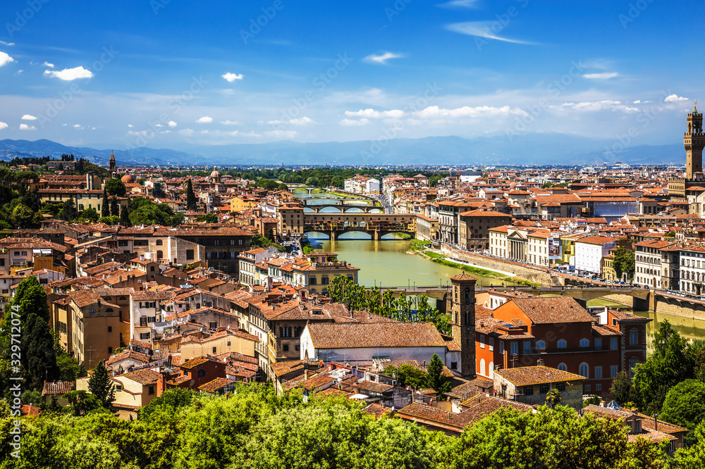 Top view of Florence with the Arno river and bridges over it. Italy