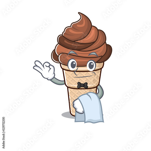A design of chocolate ice cream cartoon character working as waiter