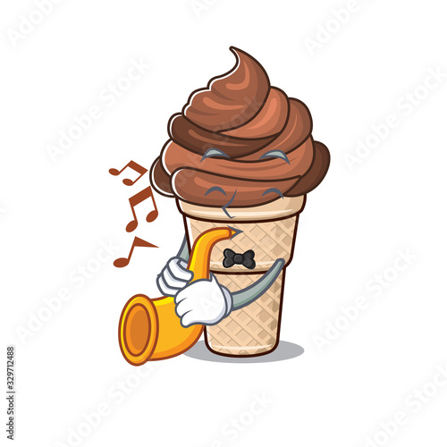 Chocolate ice cream cartoon character design playing a trumpet