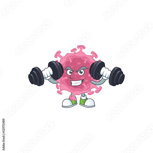 Mascot design of grinning Fitness exercise corona virus parasite lift up barbells