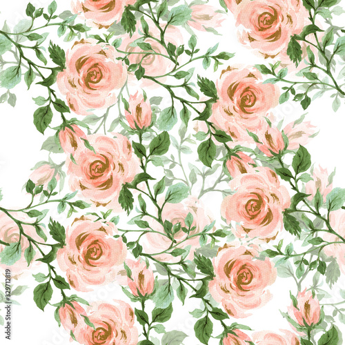 Roses  flowers  leaves  branches foliage Floral vintage seamless pattern. Gold  blush pink and green. illustration watercolor hand paint For design textiles  paper  wallpaper