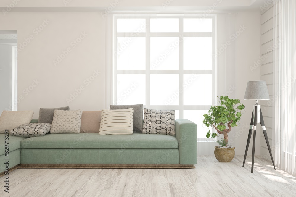Fototapeta premium Modern living room in white color with sofa. Scandinavian interior design. 3D illustration