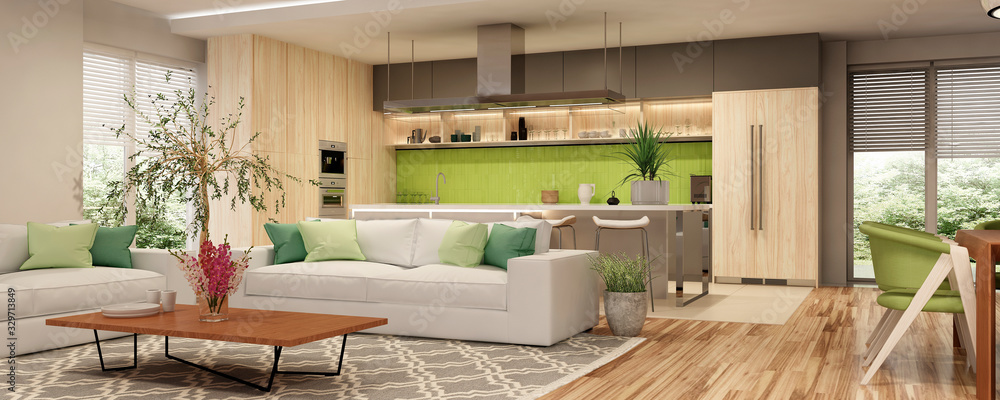 Modern house interior kitchen with living room design. 3D Render	