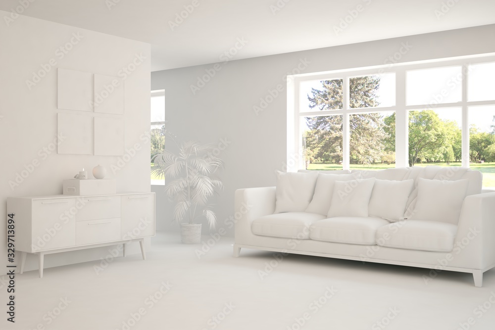 Mock up of stylish room in white color with sofa and green landscape in window. Scandinavian interior design. 3D illustration Mock up of stylish room in white color with sofa and green landscape in window. Scandinavian interior design. 3D illustration