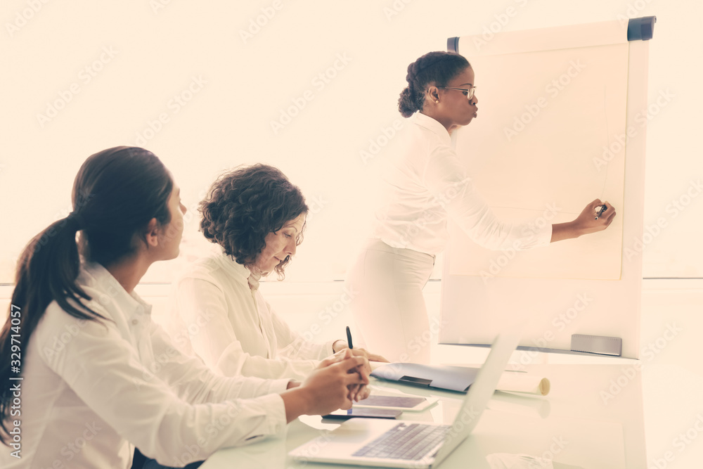 Manager presenting report or project to colleague in conference room. Young female speaker drawing on flipchart, colleagues sitting at table with laptop. Presentation concept