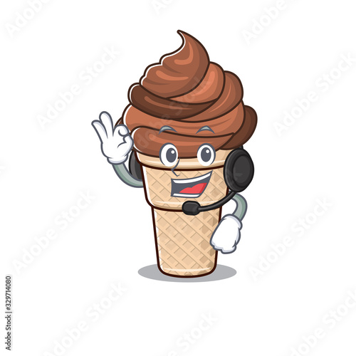 Charming chocolate ice cream cartoon character design wearing headphone