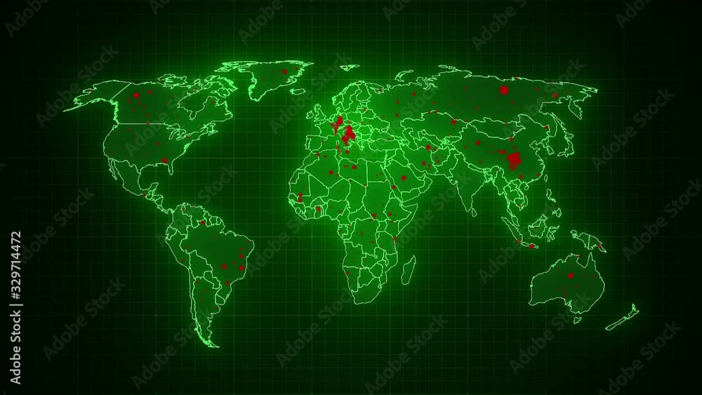 Video animation of a world map showing the outbreak of the coronavirus - with red dots of infected locations - screen Video animation of a world map showing the outbreak of the coronavirus - with red dots of infected locations - screen