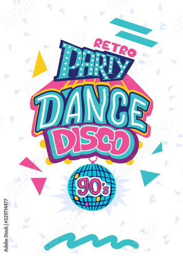 Retro party poster template with lettering. Nineties music, cartoon 90s style banner. Vector illustration