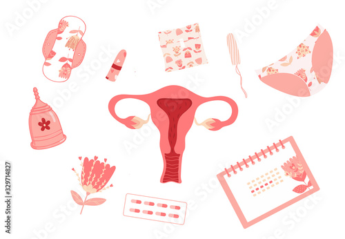 Vector set of female hygiene products. Menstrual cup, tampons, pads, eco pads, panties, woman's body, calendar of menstrual cycle. Set of personal hygiene vector illustration. 