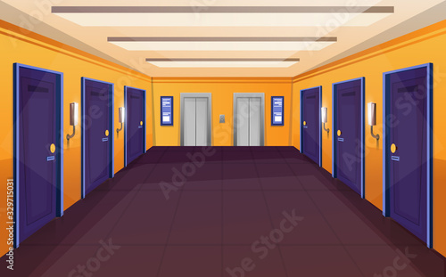 Corridor in hotel, empty hostel hallway interior with elevator and closed doors.
