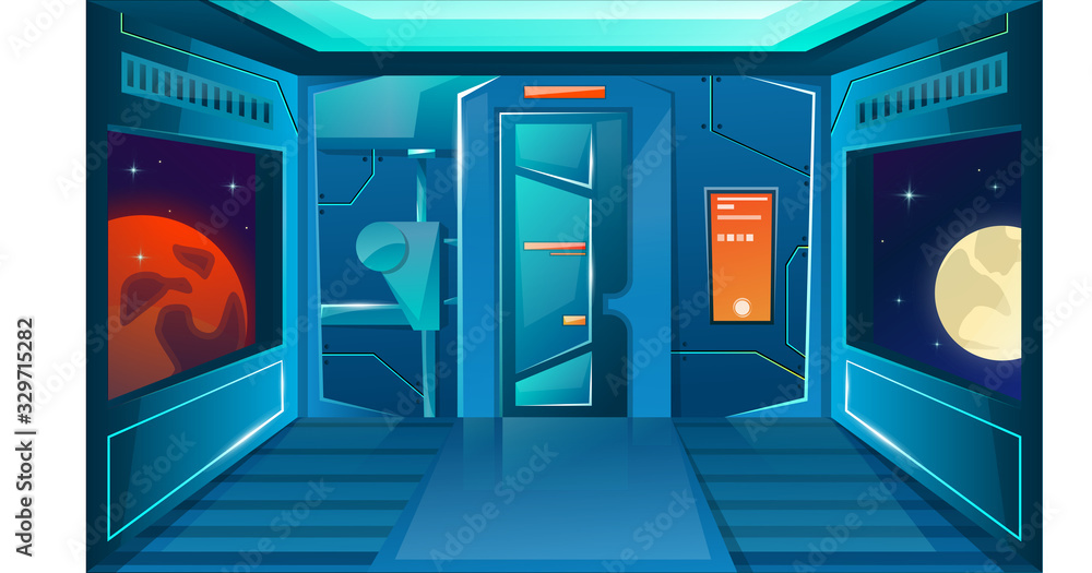 Hallway in spaceship with porthole and camera. Planets. HUD futuristic user  interface . Interior room with door. Background for games and mobile  applications. Vector cartoon background Stock Vector | Adobe Stock