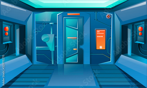 Hallway in spaceship with porthole and camera. Planets. HUD futuristic user interface . Interior room with door. Background for games and mobile applications. Vector cartoon background