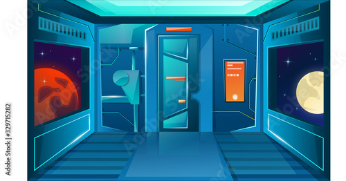 Hallway in spaceship with porthole and camera. Planets. HUD futuristic user interface . Interior room with door. Background for games and mobile applications. Vector cartoon background