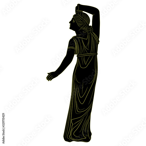 Isolated vector illustration. Ancient Greek female sculpture. Standing girl or nymph from back. Monochrome silhouette.