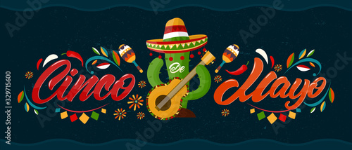 Cinco de mayo with lettering.May 5, federal holiday in Mexico. Poster with grunge texture and cactus with guitar and sombrero. Cartoon style. Vector banner. © Igor
