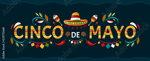 Cinco de mayo.May 5 holiday in Mexico. Poster with grunge texture. Chili peppers and sombrero. Cartoon style. Vector banner. photo