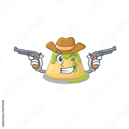 Funny pudding green tea as a cowboy cartoon character holding guns