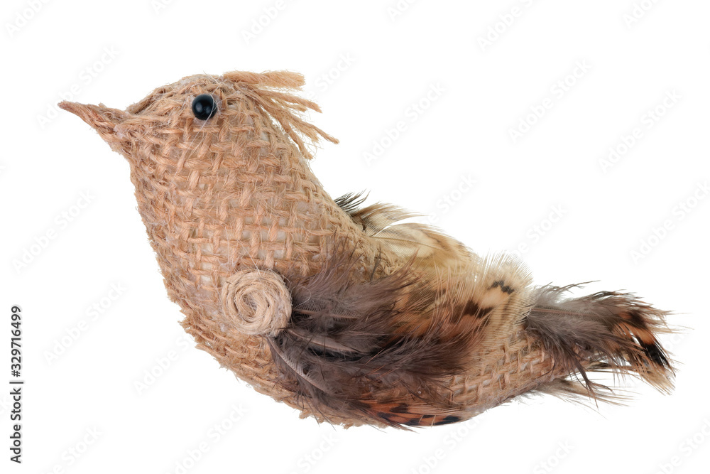 Funny handmade Easter bird are made of linen ropes and quail feathers isolated Funny handmade Easter bird are made of linen ropes and quail feathers isolated