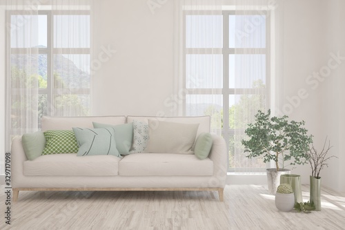 Modern living room in white color with sofa. Scandinavian interior design. 3D illustration