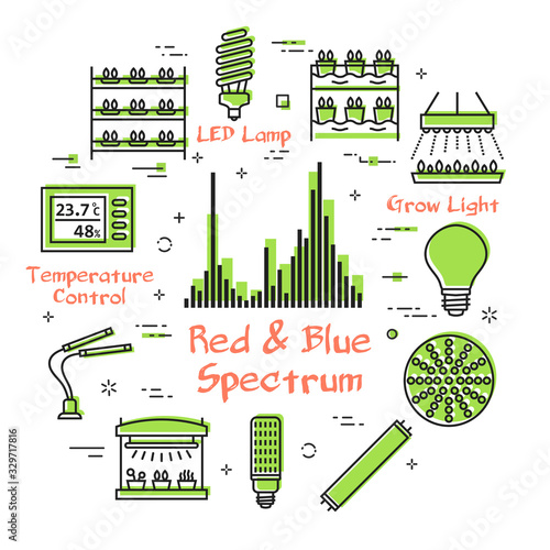 Vector concept of hydroponic and growth led light - red and blue spectrum