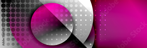 Dynamic trendy geometrical abstract background. Circles, round shapes 3d shadow effects and fluid gradients. Modern overlapping round forms