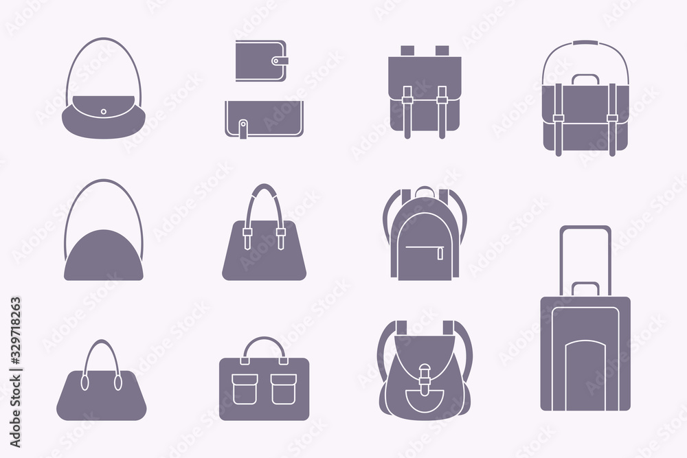 Handbag Icons set - Vector silhouettes of bag, backpack, purse, clutch, luggage, suitcase for the site or interface Handbag Icons set - Vector silhouettes of bag, backpack, purse, clutch, luggage, suitcase for the site or interface