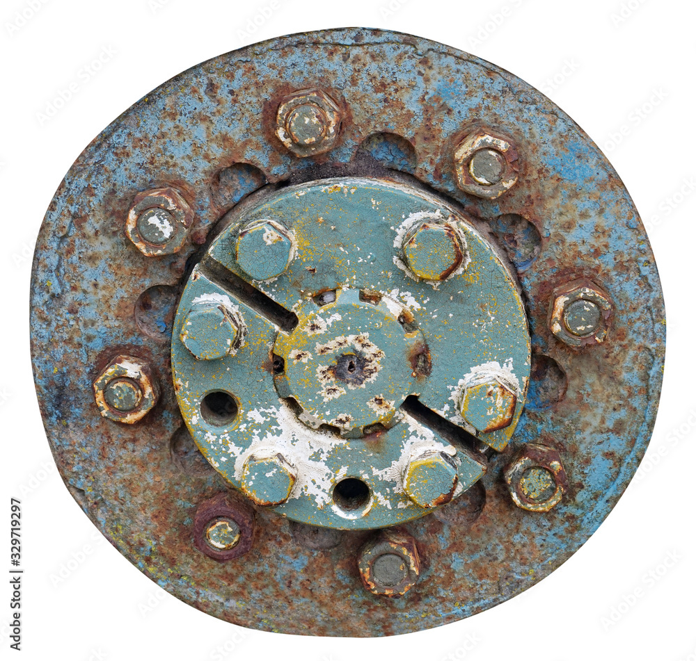 Rusty hard solid iron  wheel  with bolts and nuts from an retro tractor isolated